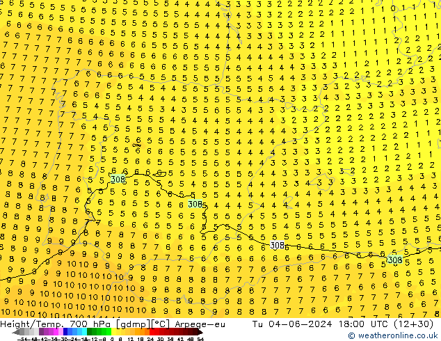 Height/Temp. 700 hPa Arpege-eu Tu 04.06.2024 18 UTC