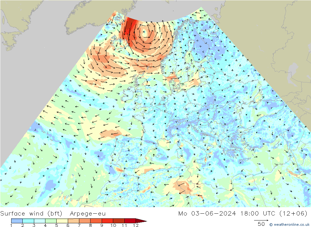 Vento 10 m (bft) Arpege-eu Seg 03.06.2024 18 UTC