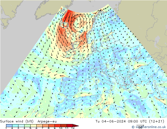 Wind 10 m (bft) Arpege-eu di 04.06.2024 09 UTC