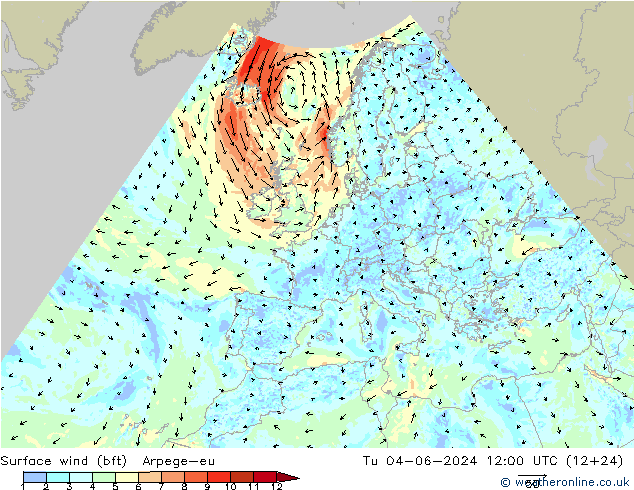 Surface wind (bft) Arpege-eu Tu 04.06.2024 12 UTC