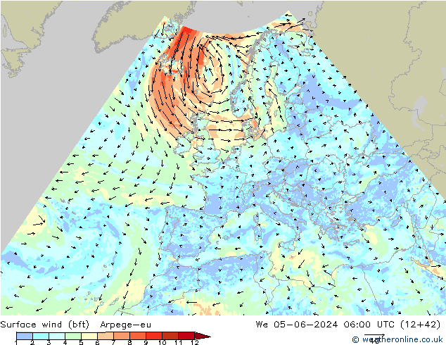wiatr 10 m (bft) Arpege-eu śro. 05.06.2024 06 UTC