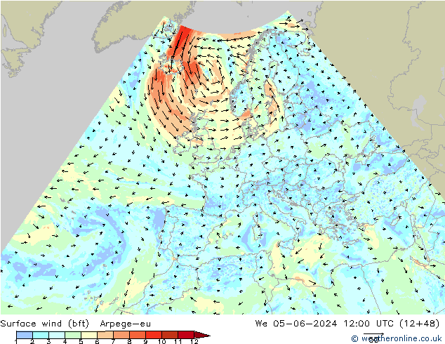 Vento 10 m (bft) Arpege-eu Qua 05.06.2024 12 UTC