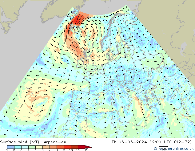 Wind 10 m (bft) Arpege-eu do 06.06.2024 12 UTC