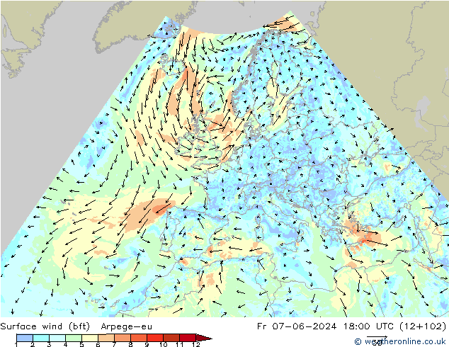 Surface wind (bft) Arpege-eu Fr 07.06.2024 18 UTC