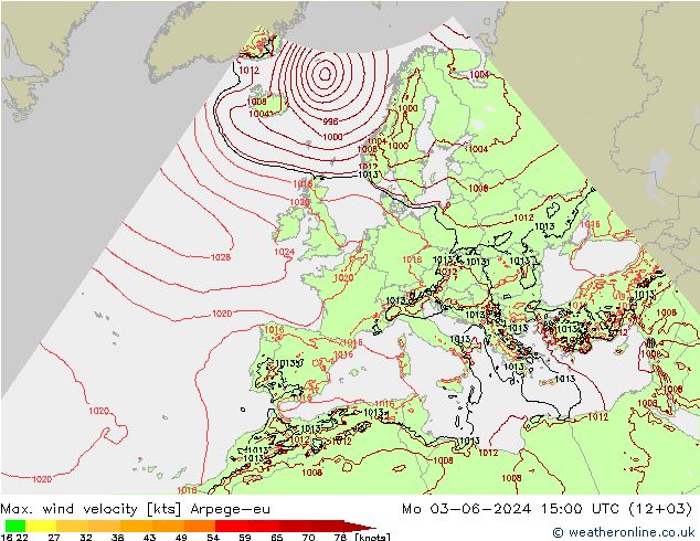 Max. wind velocity Arpege-eu lun 03.06.2024 15 UTC