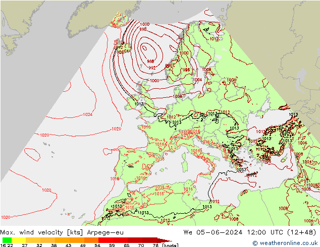 Max. wind velocity Arpege-eu We 05.06.2024 12 UTC