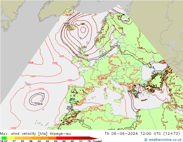 Max. wind velocity Arpege-eu Th 06.06.2024 12 UTC