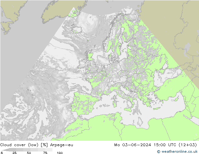 Cloud cover (low) Arpege-eu Mo 03.06.2024 15 UTC