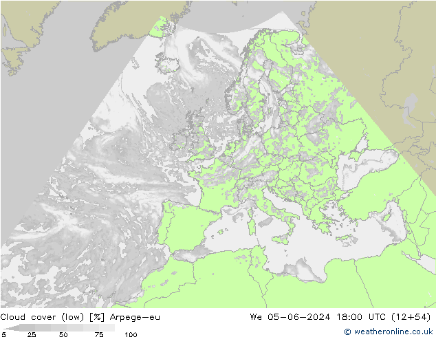 Cloud cover (low) Arpege-eu We 05.06.2024 18 UTC