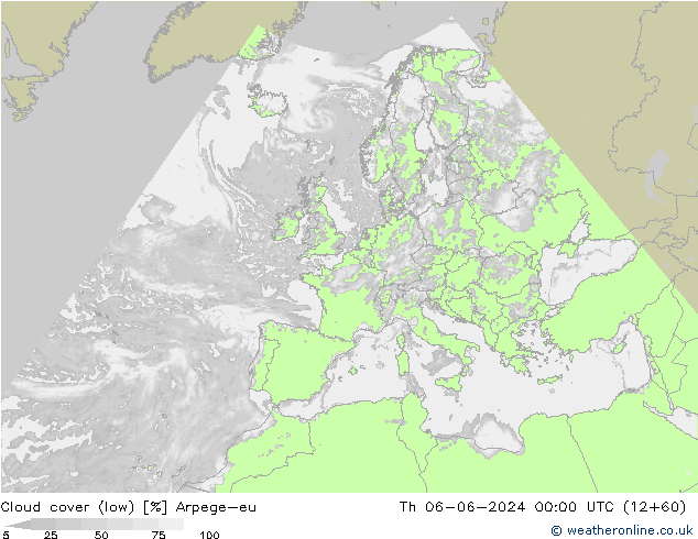 Cloud cover (low) Arpege-eu Th 06.06.2024 00 UTC