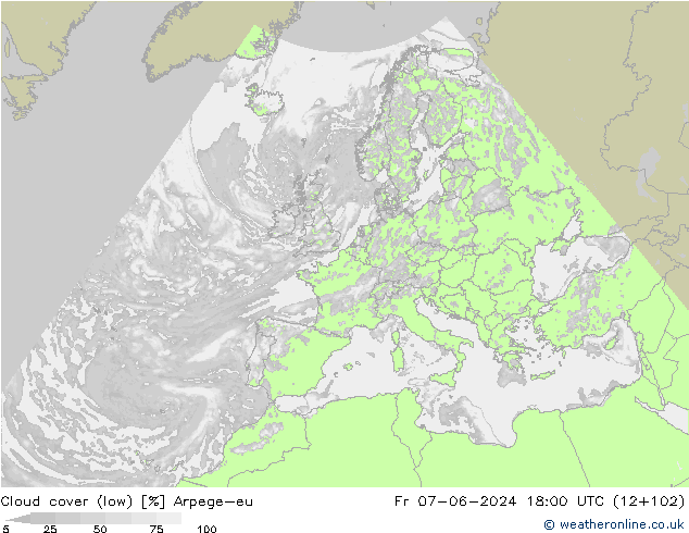 Cloud cover (low) Arpege-eu Fr 07.06.2024 18 UTC