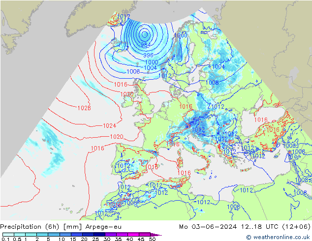 Precipitation (6h) Arpege-eu Mo 03.06.2024 18 UTC