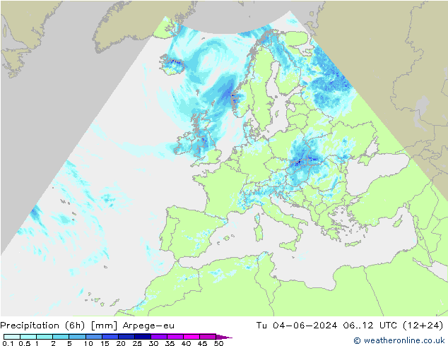 Precipitation (6h) Arpege-eu Út 04.06.2024 12 UTC