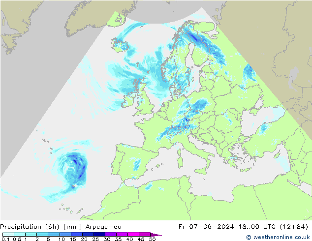 Precipitación (6h) Arpege-eu vie 07.06.2024 00 UTC