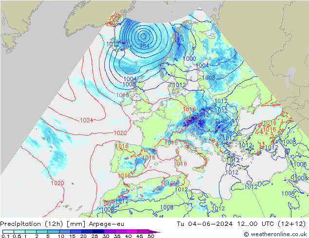 降水量 (12h) Arpege-eu 星期二 04.06.2024 00 UTC