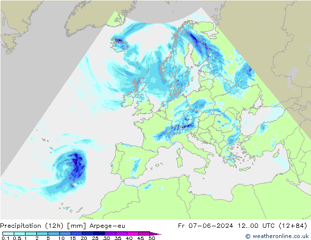 осадки (12h) Arpege-eu пт 07.06.2024 00 UTC