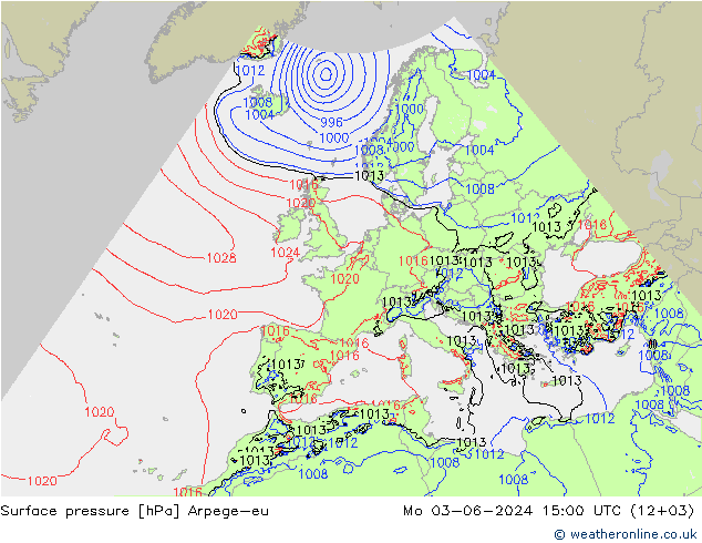 Surface pressure Arpege-eu Mo 03.06.2024 15 UTC