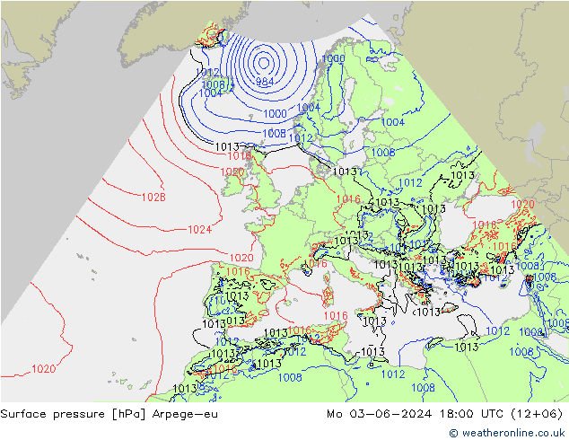 地面气压 Arpege-eu 星期一 03.06.2024 18 UTC