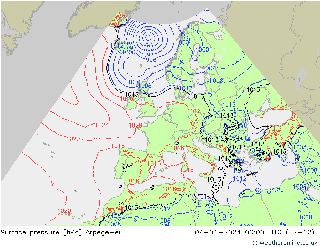 Surface pressure Arpege-eu Tu 04.06.2024 00 UTC