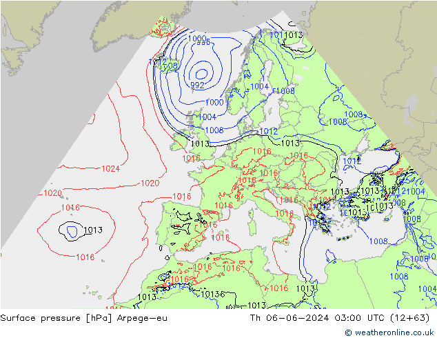 Atmosférický tlak Arpege-eu Čt 06.06.2024 03 UTC