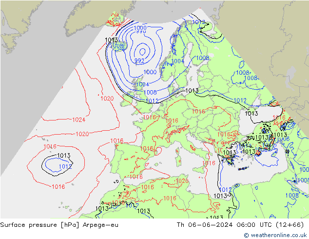 Surface pressure Arpege-eu Th 06.06.2024 06 UTC