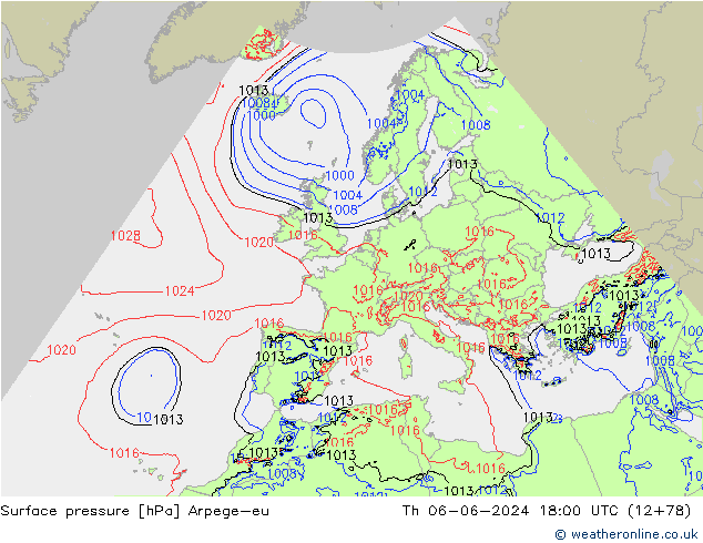 Surface pressure Arpege-eu Th 06.06.2024 18 UTC