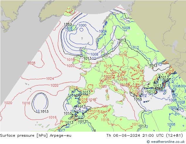 Presión superficial Arpege-eu jue 06.06.2024 21 UTC