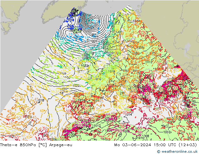 Theta-e 850hPa Arpege-eu ma 03.06.2024 15 UTC