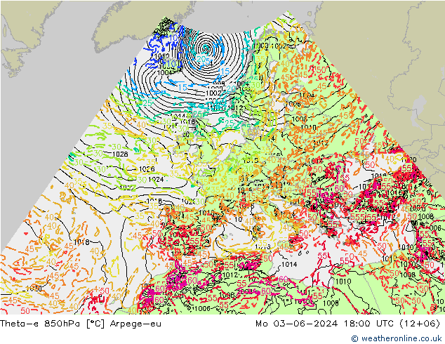 Theta-e 850hPa Arpege-eu ma 03.06.2024 18 UTC