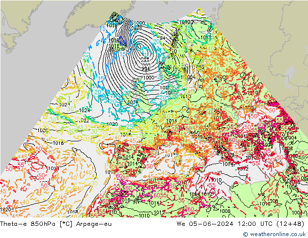 Theta-e 850hPa Arpege-eu Mi 05.06.2024 12 UTC