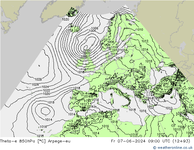 Theta-e 850hPa Arpege-eu ven 07.06.2024 09 UTC