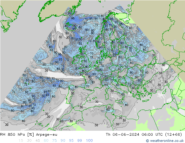 Humidité rel. 850 hPa Arpege-eu jeu 06.06.2024 06 UTC