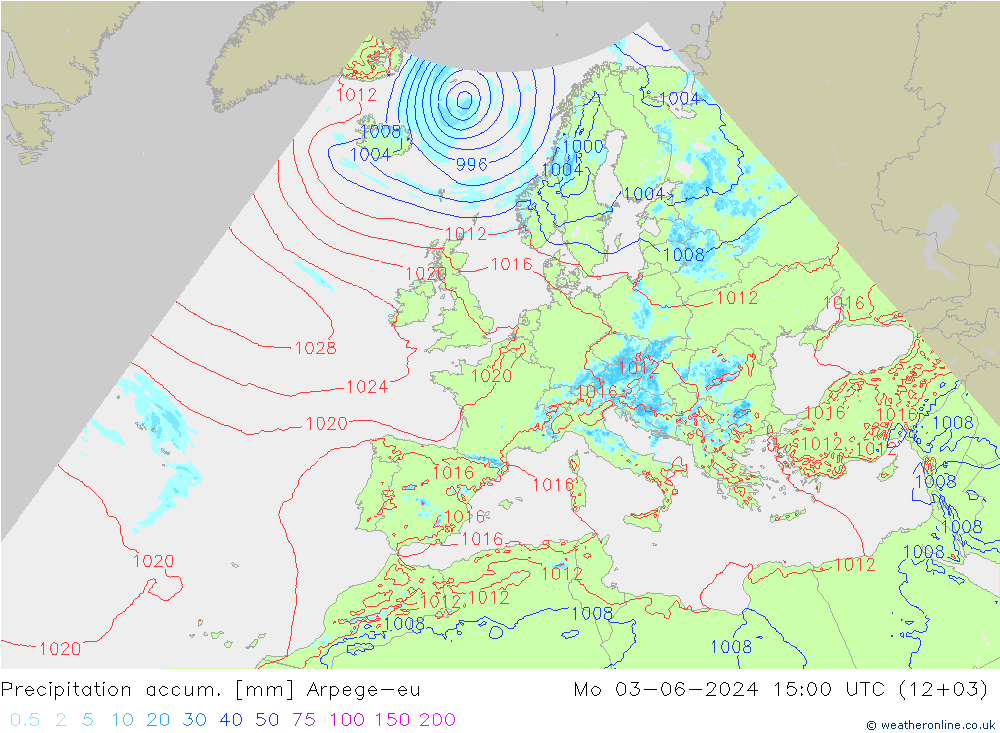 Precipitation accum. Arpege-eu Mo 03.06.2024 15 UTC