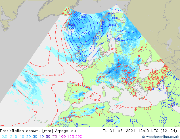 Totale neerslag Arpege-eu di 04.06.2024 12 UTC