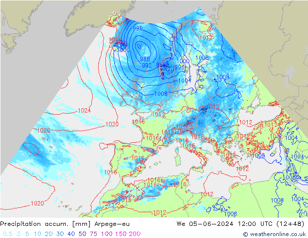 Precipitation accum. Arpege-eu śro. 05.06.2024 12 UTC