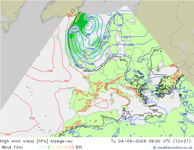 High wind areas Arpege-eu Út 04.06.2024 09 UTC