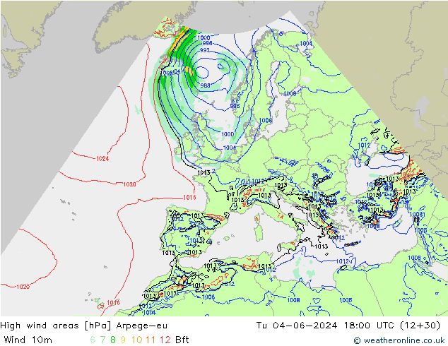 High wind areas Arpege-eu Tu 04.06.2024 18 UTC