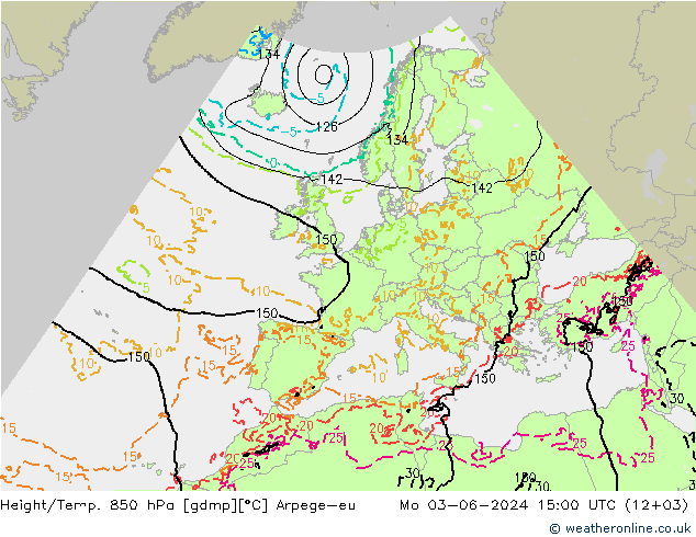 Height/Temp. 850 hPa Arpege-eu Mo 03.06.2024 15 UTC