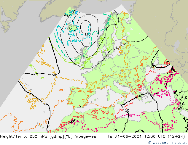 Height/Temp. 850 hPa Arpege-eu  04.06.2024 12 UTC