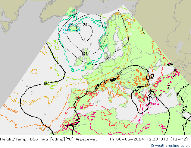 Height/Temp. 850 гПа Arpege-eu чт 06.06.2024 12 UTC