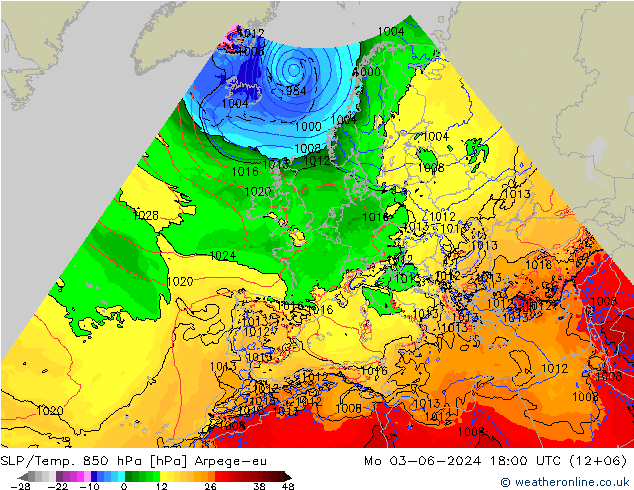 SLP/Temp. 850 hPa Arpege-eu Mo 03.06.2024 18 UTC