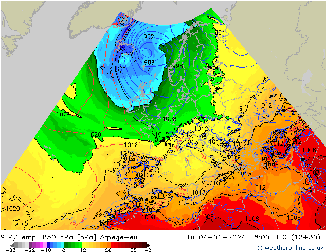 SLP/Temp. 850 hPa Arpege-eu Tu 04.06.2024 18 UTC