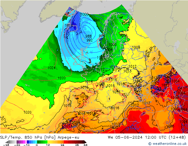 SLP/Temp. 850 hPa Arpege-eu Mi 05.06.2024 12 UTC