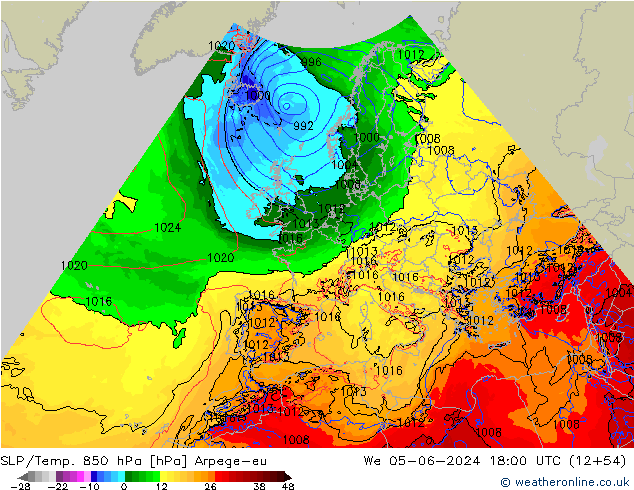 850 hPa Yer Bas./Sıc Arpege-eu Çar 05.06.2024 18 UTC