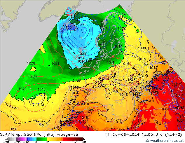 SLP/Temp. 850 гПа Arpege-eu чт 06.06.2024 12 UTC