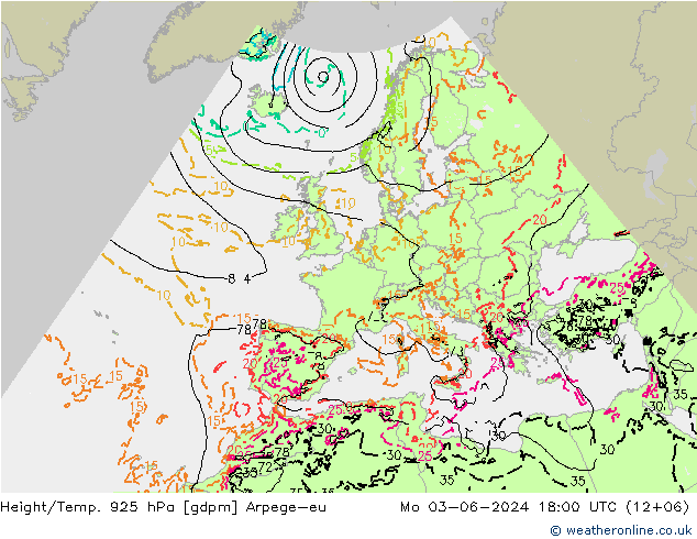 Height/Temp. 925 hPa Arpege-eu Mo 03.06.2024 18 UTC