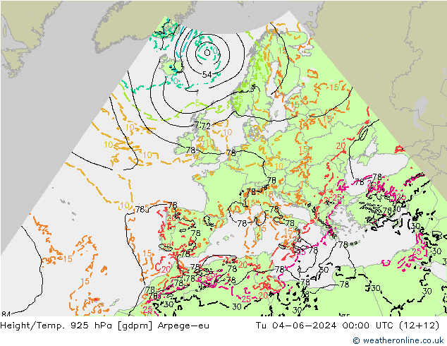 Géop./Temp. 925 hPa Arpege-eu mar 04.06.2024 00 UTC