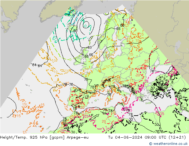 Height/Temp. 925 hPa Arpege-eu Tu 04.06.2024 09 UTC