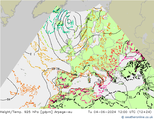 Height/Temp. 925 hPa Arpege-eu 星期二 04.06.2024 12 UTC