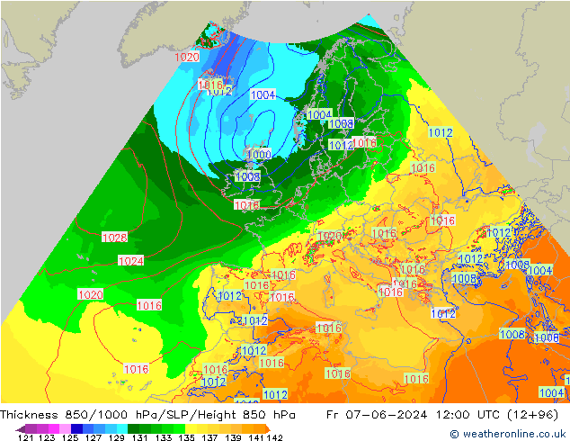 Dikte 850-1000 hPa Arpege-eu vr 07.06.2024 12 UTC